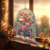 Open Book Acrylic Suncatcher, Stained Glass Style Mushrooms and Flowers Fantasy Window Hanging, Cottagecore Nature Reading Lover Gift